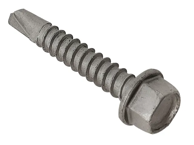 Metal screw with hex head on a white background
