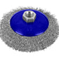 Wire brush with blue backing plate and metal hex bolt on a white background