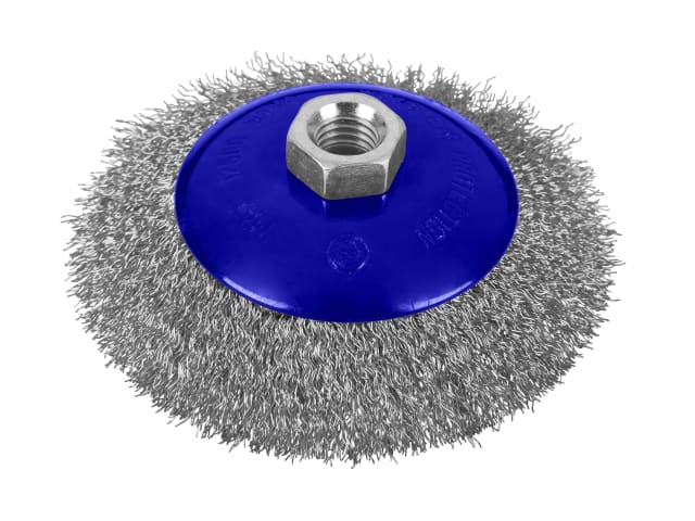 Wire brush with blue backing plate and metal hex bolt on a white background