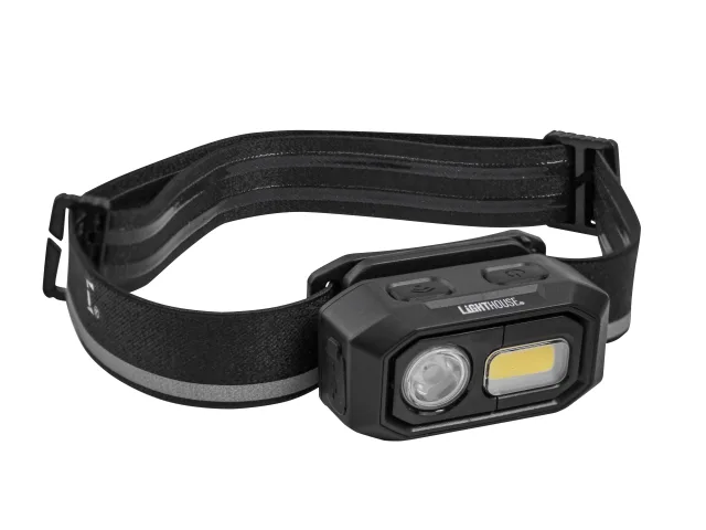 Black headlamp with visible brand logo on a white background