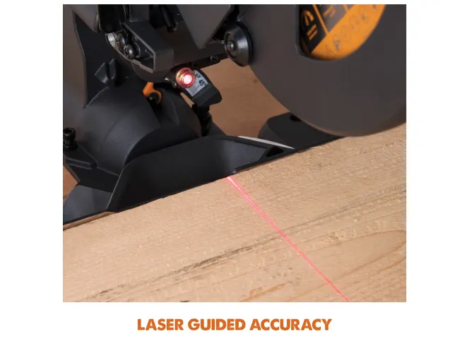 Circular saw with laser guide on a wooden surface, emphasizing accuracy.