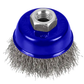 Wire brush with blue plastic housing and metal hexagonal head on a white background