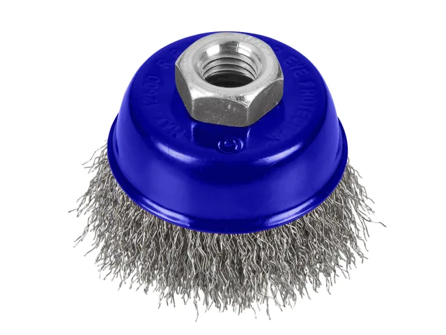 Wire brush with blue plastic housing and metal hexagonal head on a white background