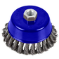 Wire brush with blue housing and metal head on a white background