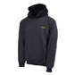 Black hoodie with a logo on the chest against a white background