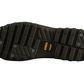 Black sole of a shoe with tread pattern and brand logo on a white background
