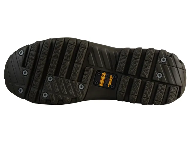 Black sole of a shoe with tread pattern and brand logo on a white background