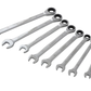 Set of seven wrenches arranged in a row on a white background