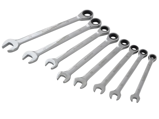 Set of seven wrenches arranged in a row on a white background