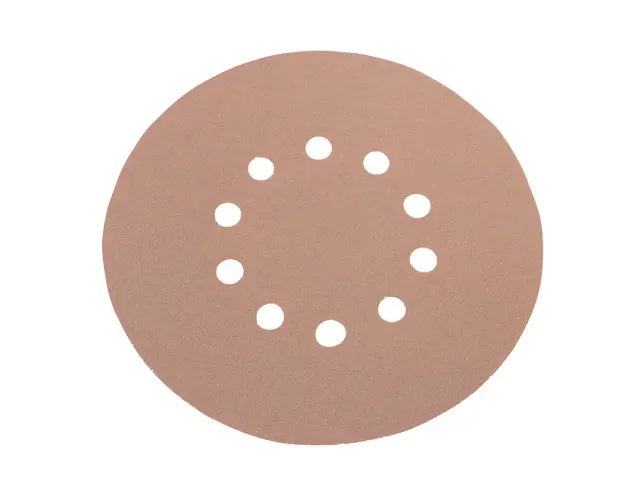Round sandpaper disc with multiple holes on a white background