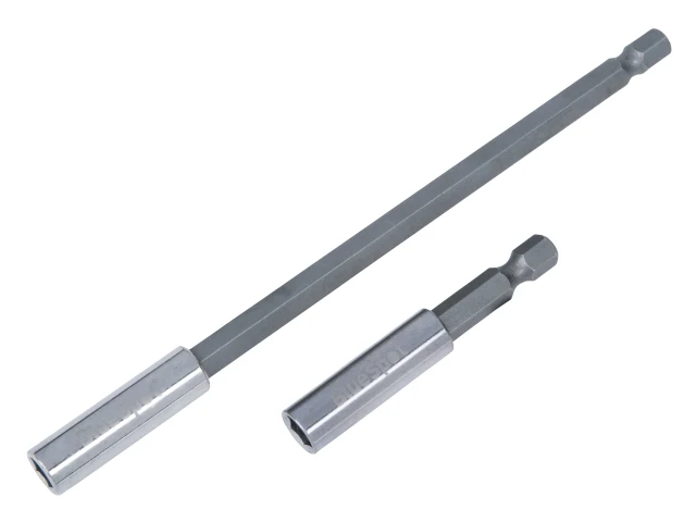 Two metallic drill bits on a white background