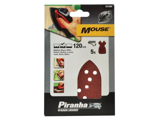 Piranha Mouse sandpaper package with product images on a white background