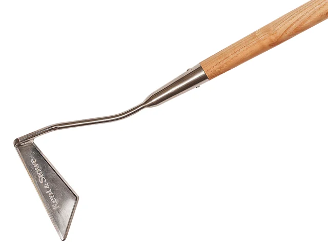 Metal garden tool with wooden handle on a white background