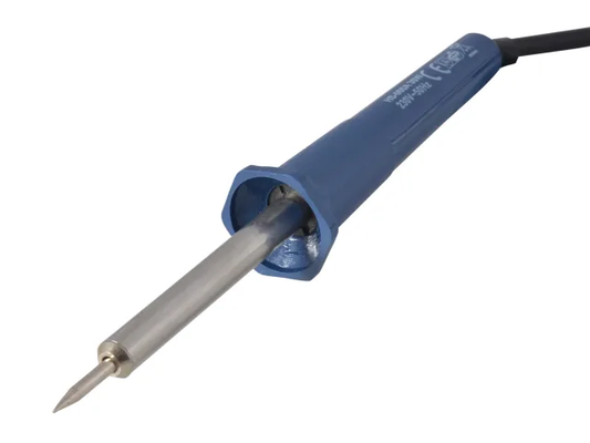 Soldering iron with blue handle on a white background