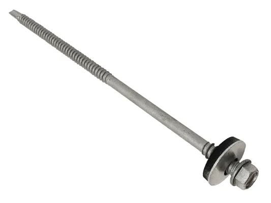 Metal screw with a hex head on a white background