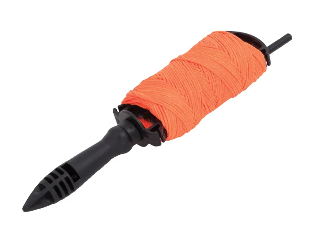 Orange yarn on a black cylindrical holder against a white background