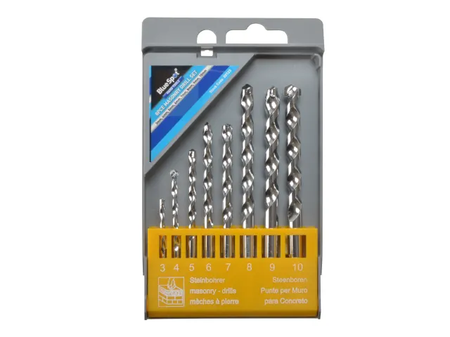 Set of drill bits in a packaging with brand logo on a white background