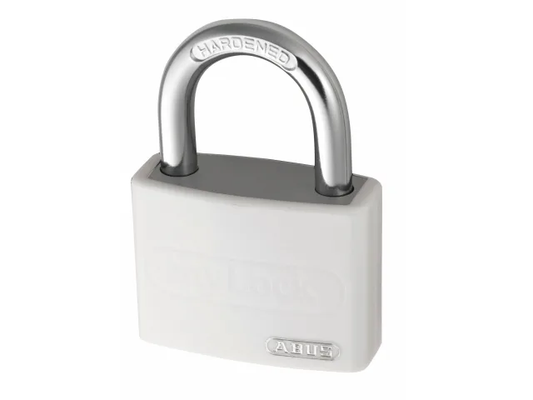 White padlock with silver shackle on a white background