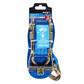 Blue ratchet tie-down with packaging on a white background