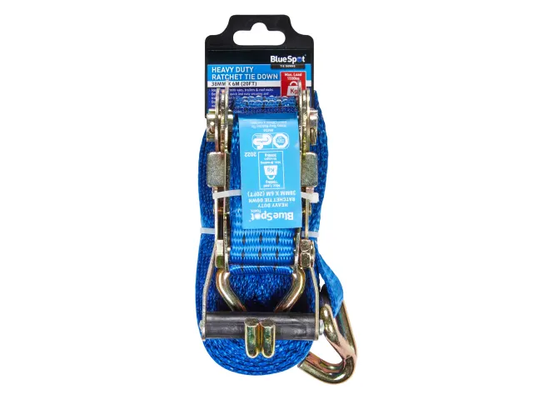 Blue ratchet tie-down with packaging on a white background