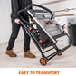 Person pushing a portable workbench on wheels with text 'EASY TO TRANSPORT' in a workshop setting.