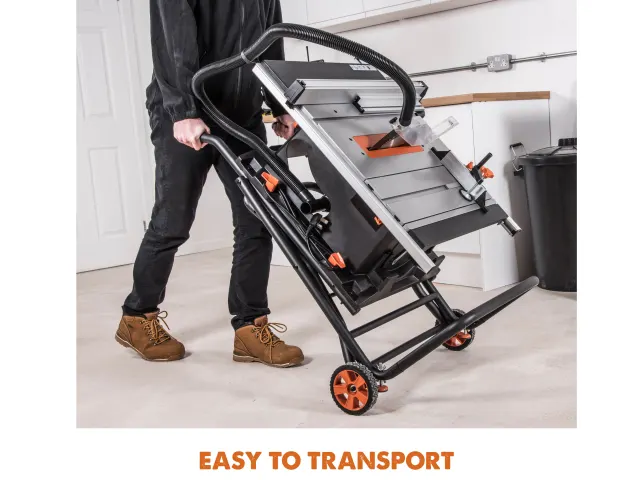 Person pushing a portable workbench on wheels with text 'EASY TO TRANSPORT' in a workshop setting.