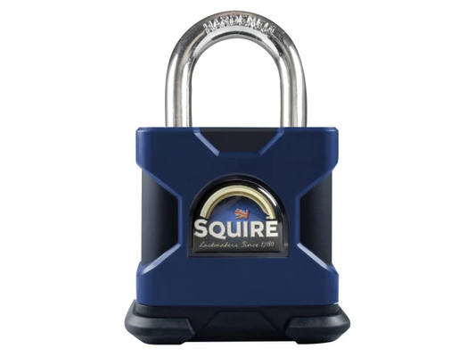 Blue Squire padlock on a white background