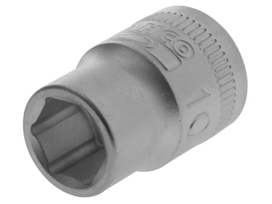 Hex socket tool with measurement markings on a white background