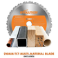Circular saw blade with 'Evolution' branding and materials it can cut on a white background