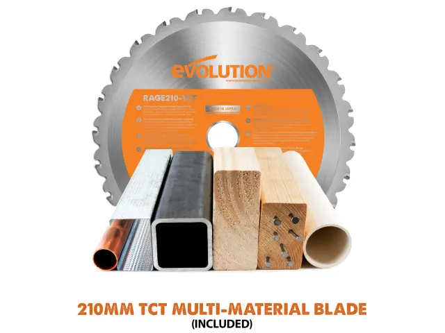 Circular saw blade with 'Evolution' branding and materials it can cut on a white background