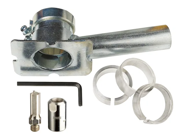 Mechanical parts including a metal fitting, washers, and a screw on a white background