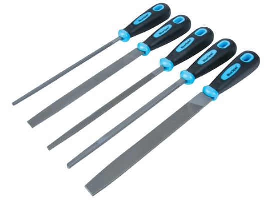 Set of five metal files with black and blue handles on a white background