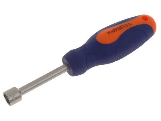 Screwdriver with blue handle and orange end on a white background