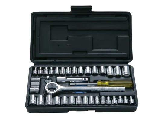 Mechanical tool set with sockets and wrench in a black case on a white background