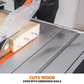 Table saw cutting wood with embedded nails on a white background