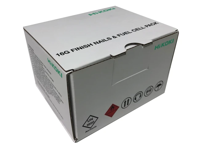 Box of finish nails and fuel cell pack by Hikoki on a white background