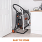 Portable workbench with storage wheels in a workshop setting, labeled 'Easy to Store'.