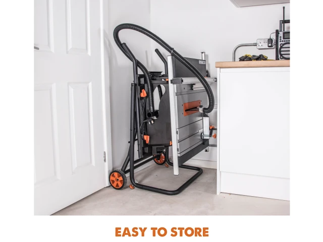 Portable workbench with storage wheels in a workshop setting, labeled 'Easy to Store'.