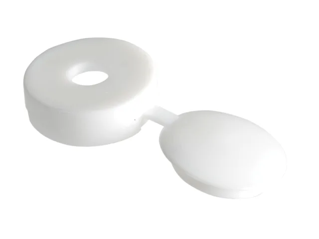 White plastic cap with a central hole on a white background