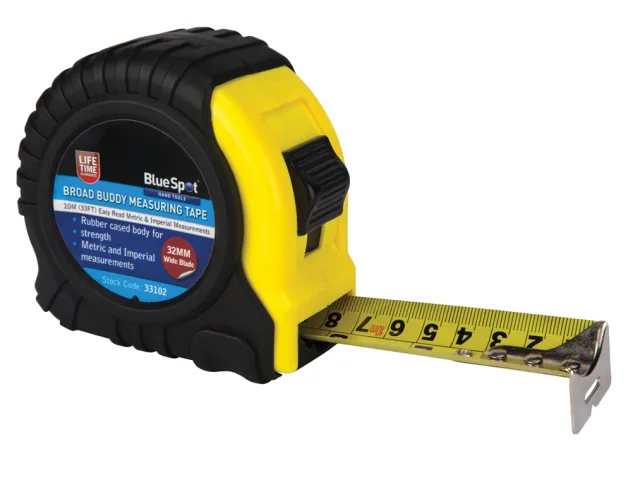 Yellow and black measuring tape with Blue Spot branding on a white background