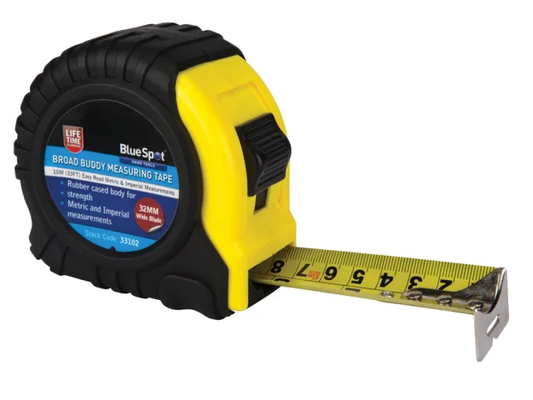 Yellow and black measuring tape with Blue Spot branding on a white background