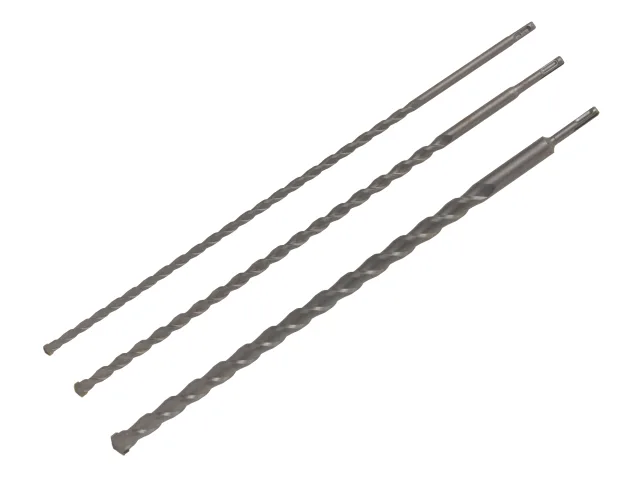 Three drill bits of different lengths on a white background