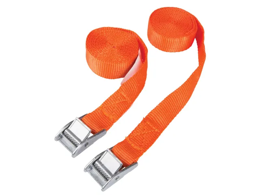 Two orange straps with metal buckles on a white background