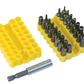 Set of drill bits in a yellow holder with a spare bit on a white background