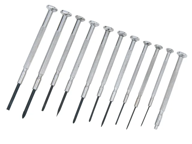Set of metal screwdrivers on a white background