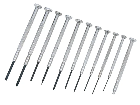Set of metal screwdrivers on a white background