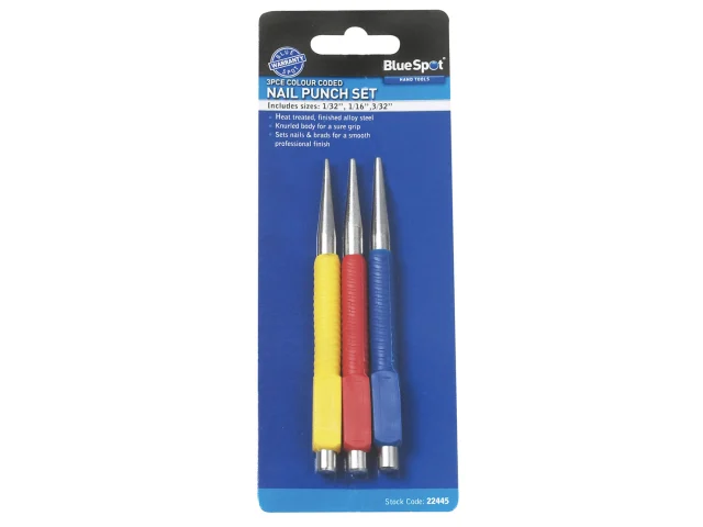 BlueSpot nail punch set packaging with three nails on a white background