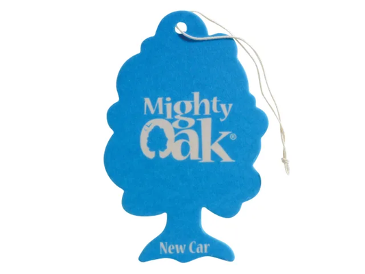 Blue 'Mighty Oak' car air freshener on a white background