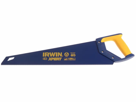 Hand saw with yellow handle and 'Irwin' branding on a white background