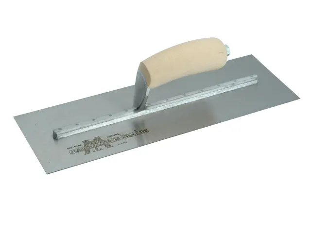 Metal trowel with a wooden handle on a white background